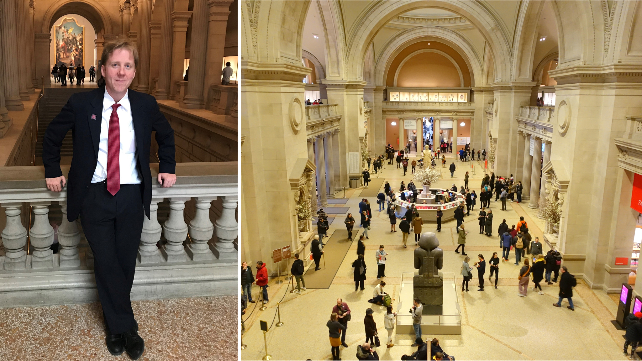 Tvådelat foto: Till vänster en man i uniform, till höger stora hallen på Metropolitan Museum of Art i New York.