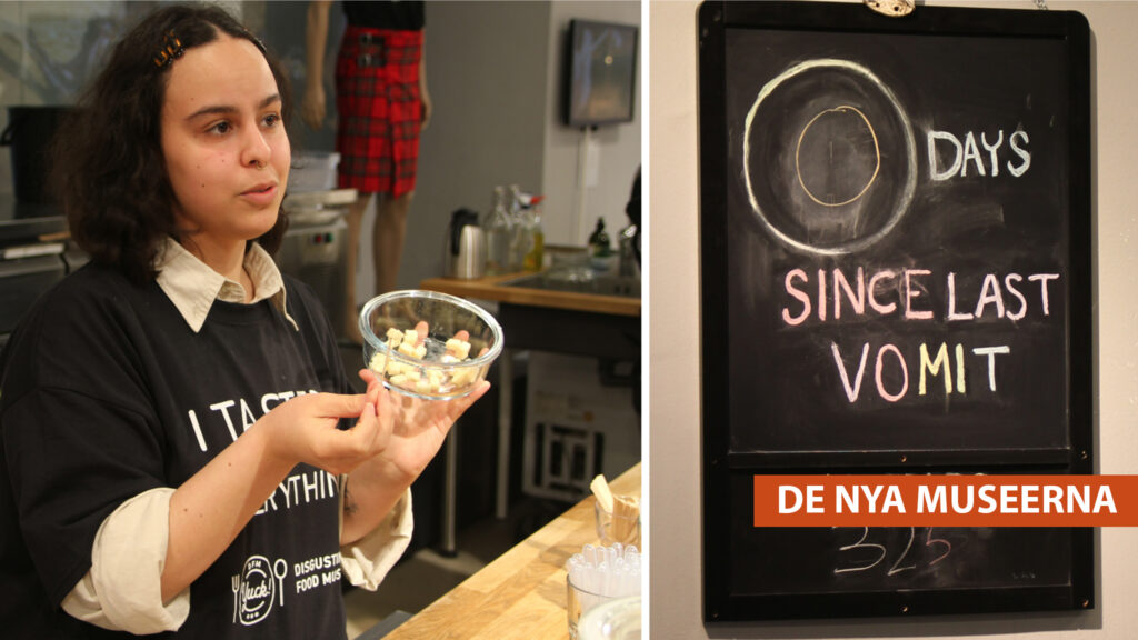 Tvådelat foto: Till vänster en ung kvinna som håller i en skål med mat; till höger en griffeltavla med texten: 0 DAYS SINCE LAST VOMIT