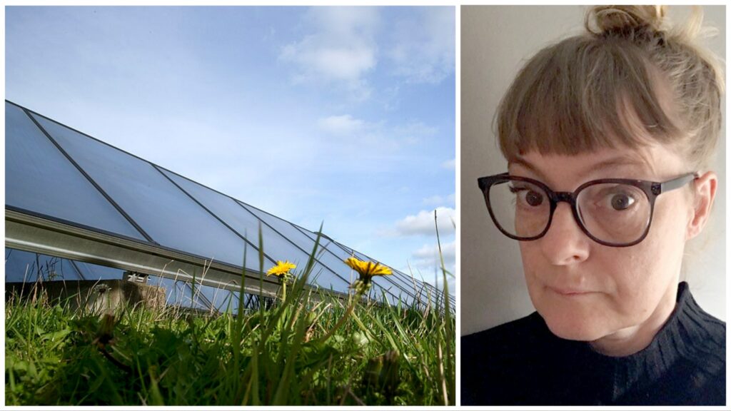Tvådelat foto: Till vänster solpaneler med maskrosor i förgrunden, till höger en selfie av en kvinna med glasögon.