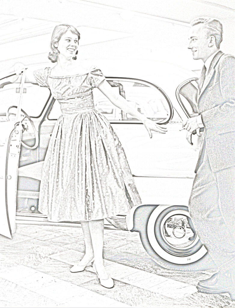 Kontur av en leende ung kvinna och man ståendes utanför en bil.