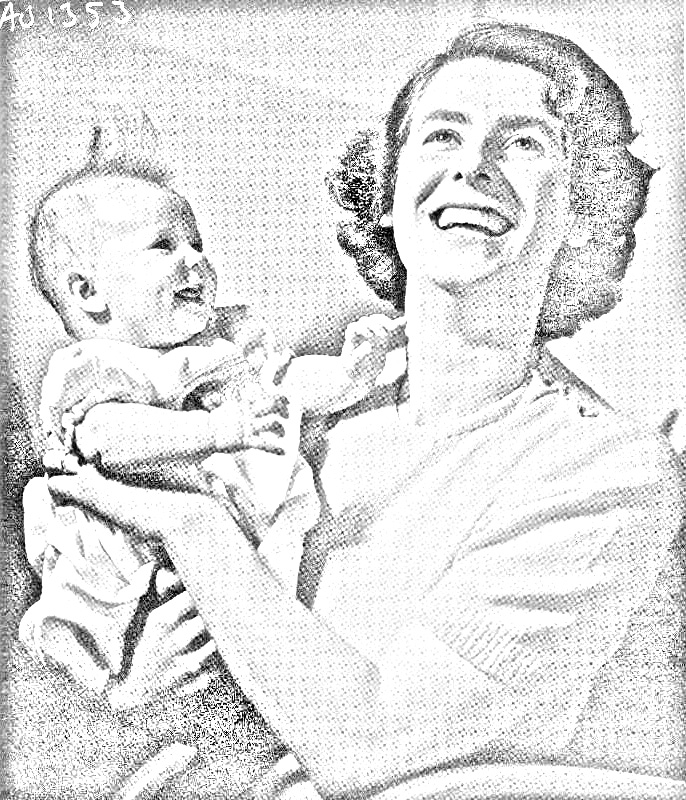 Konturerna av ett svartvitt foto där en kvinna håller ett spädbarn i famnen.