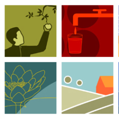 Sexton fyrkanter med färgglada illustrationer som symboliserar sol, vatten, djurliv osv.