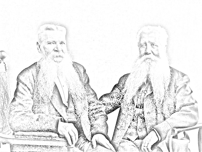 Kontur av porträtt av två vithåriga sittandes äldre män med skägg.