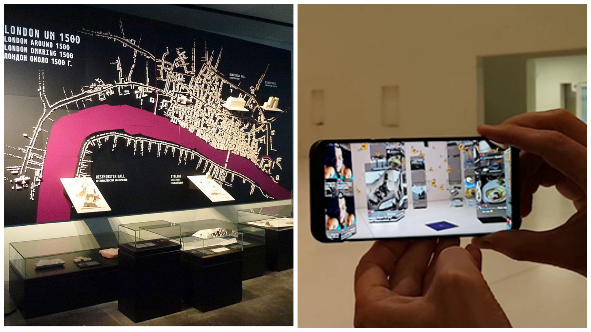 Tvådelat foto: till vänster utställning på Hansamuseet i Lübeck; till höger ett AR-spel i en mobiltelefon.