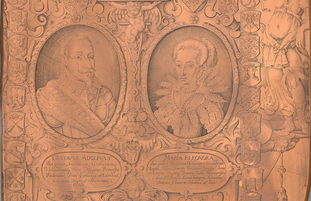 Tryckplåt av koppar med porträtt av Gustav II Adolf och Maria Eleonora