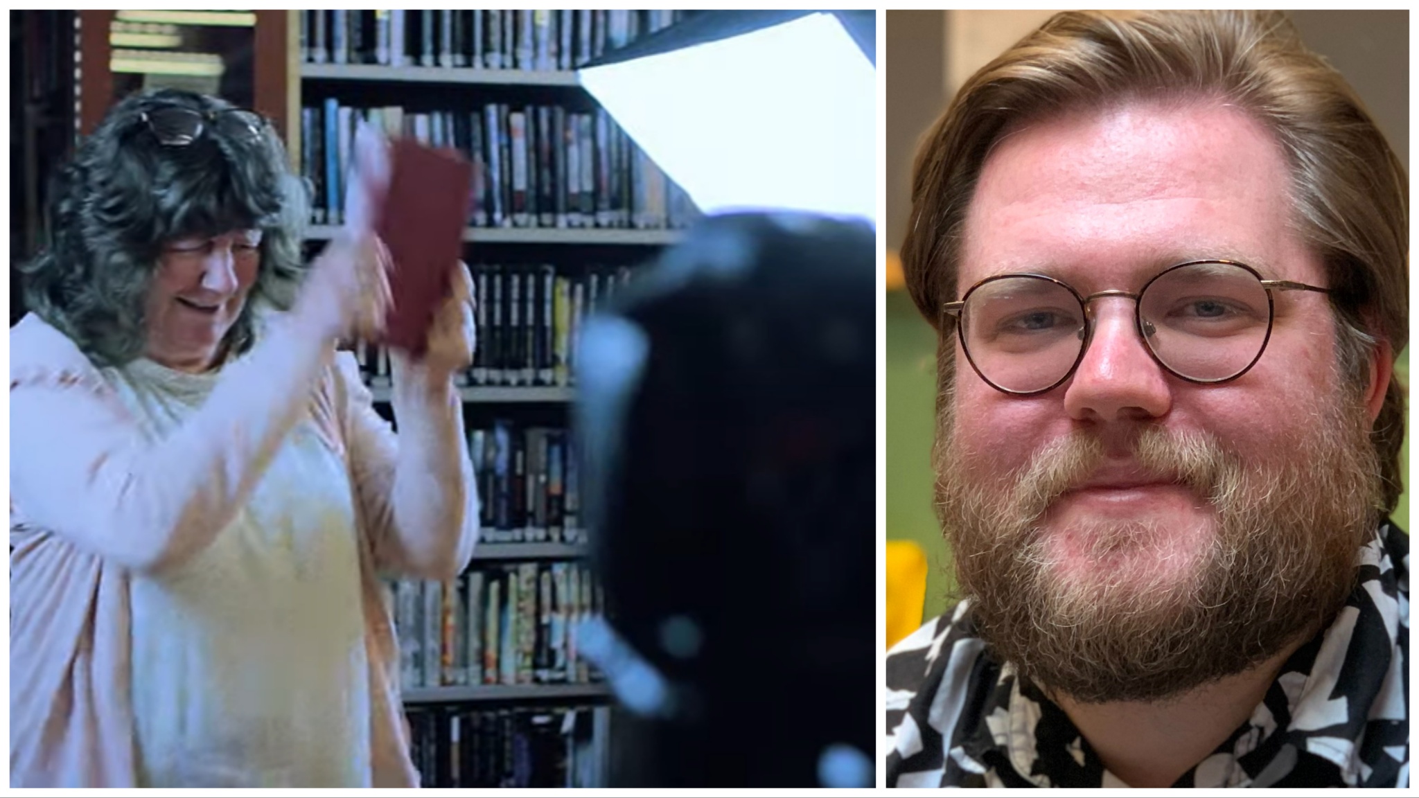 Tvådelad bild: Till vänster en bibliotekarie hötter med en bok; till höger porträttbild på en ung man med glasögon.