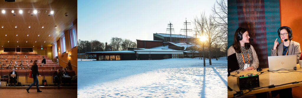 Tre bilder i rad. Till vänster en föreläsningssal med människor. I mitten Vasamuseet i snö och solnedgång. Till höger två personer som samtalar medans de deltar i en webbsändning.