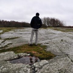 En person står med ryggen vänd mot oss, och tittar ut över stenhällar.