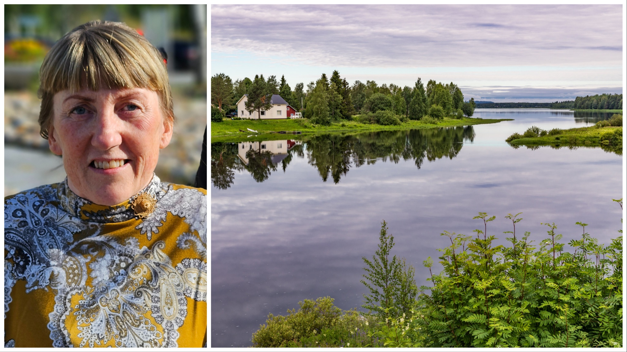 Tvådelat foto: Till vänster porträttbild på en kvinna; till höger Torne älv.