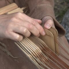 Närbild på händer bläddrar i ett kartotek med brickor.