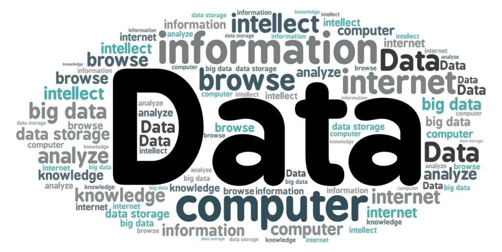 Ordmoln där ordet Data ligger i mitten jättestort och olika datatermer ligger runt om.