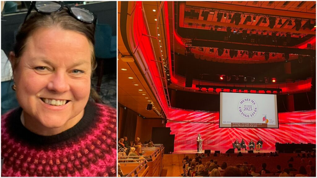 Tvådelat foto: en leende kvinna med glasögon på huvudet, en konserthall upplyst i rött.