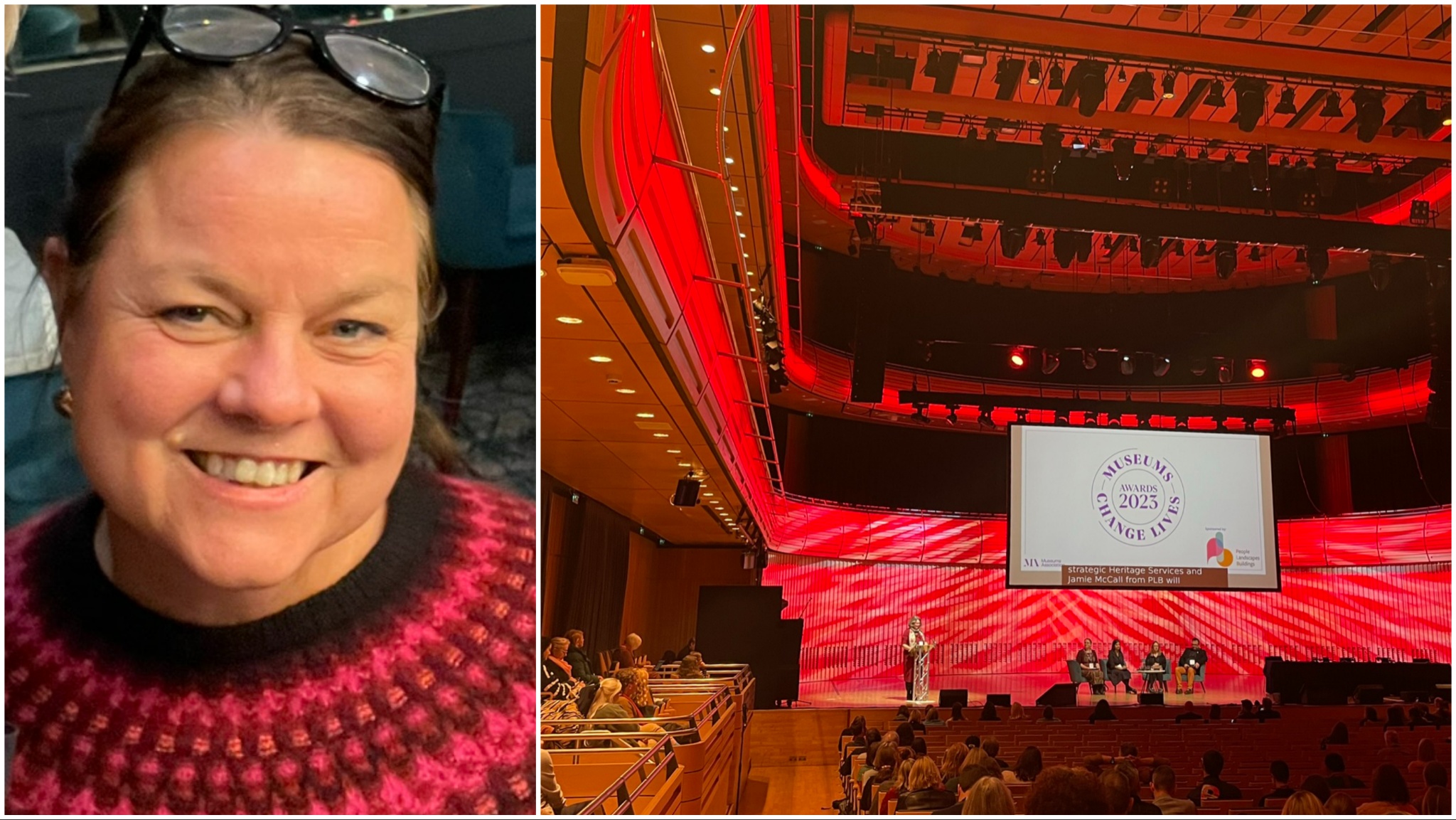 Tvådelat foto: en leende kvinna med glasögon på huvudet, en konserthall upplyst i rött.