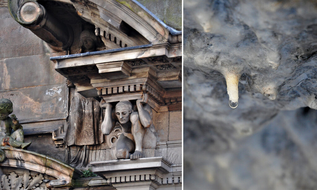 Till vänster en gråaktig stenfasad i i Glasgow med mänskliga figurer och tecken på saltavlagring samt till höger en bild på en saltavlagring liknande en stalaktit och en droppe.