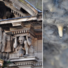 Till vänster en gråaktig stenfasad i i Glasgow med mänskliga figurer och tecken på saltavlagring samt till höger en bild på en saltavlagring liknande en stalaktit och en droppe.