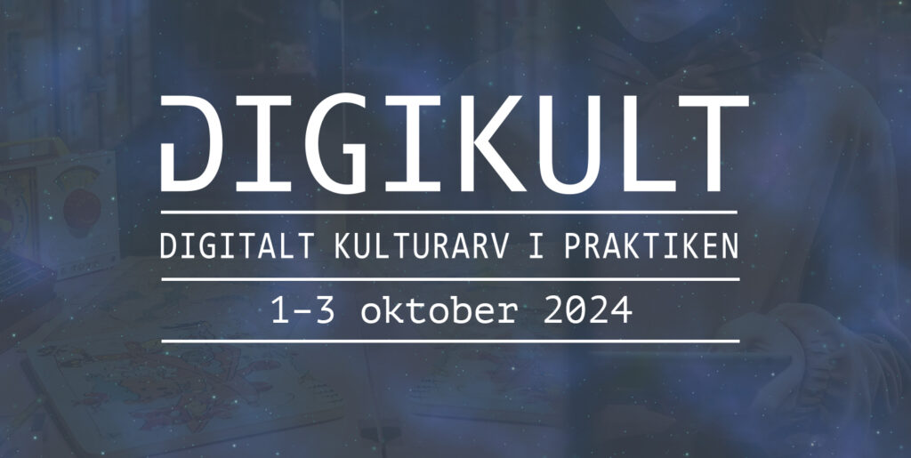 Temabild med vit text på lila-blå bakgrund, text/logotyp för Digikult 2024