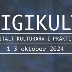 Temabild med vit text på lila-blå bakgrund, text/logotyp för Digikult 2024