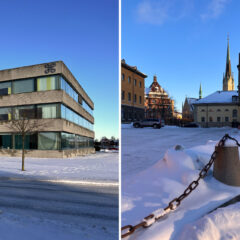 Färgfoto på två byggnader i vintersol