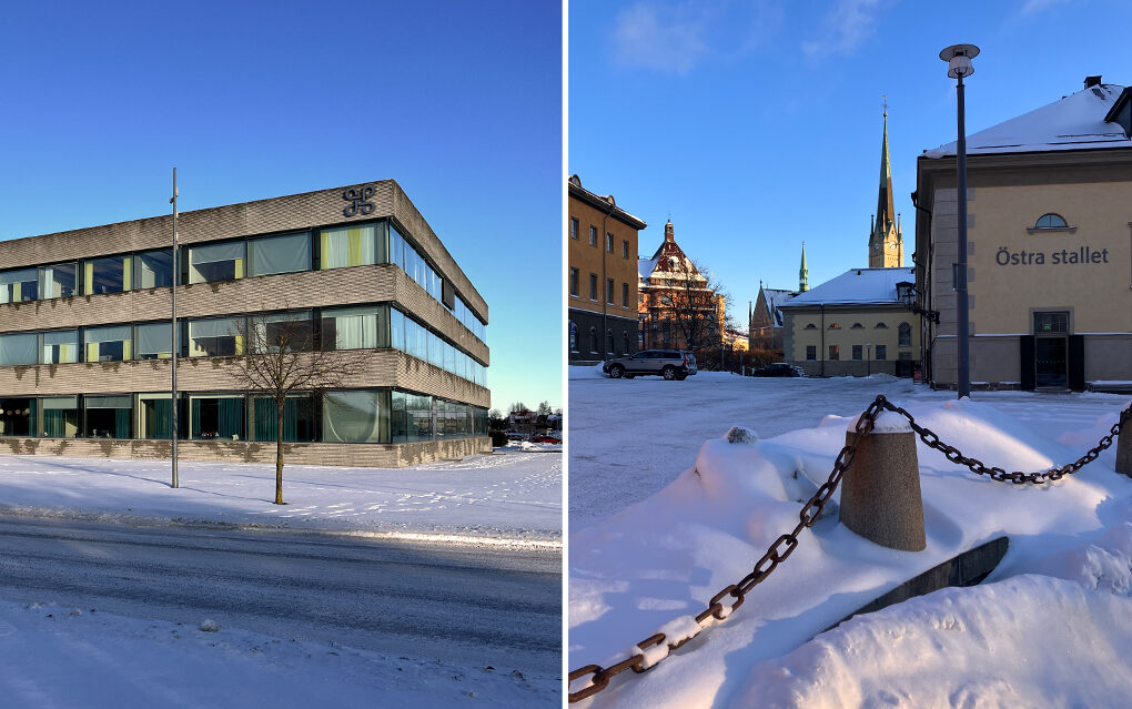 Färgfoto på två byggnader i vintersol