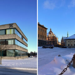 Färgfoto på två byggnader i vintersol, en modern betongbyggnad med stora glaspartier och en äldre tegelbyggnad.