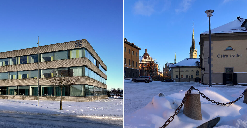 Färgfoto på två byggnader i vintersol, en modern betongbyggnad med stora glaspartier och en äldre tegelbyggnad.