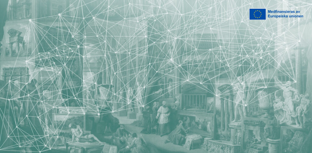 Grön bakgrund med vitt nätverk på, text/logotyp för Digitala museilyftet