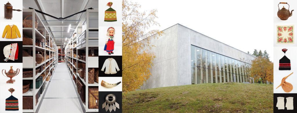 Collage av bilder med museiföremål, museimagasin inomhus och museimagasin utvändigt.