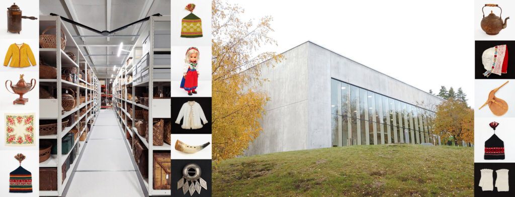 Collage av bilder med museiföremål, museimagasin inomhus och museimagasin utvändigt.