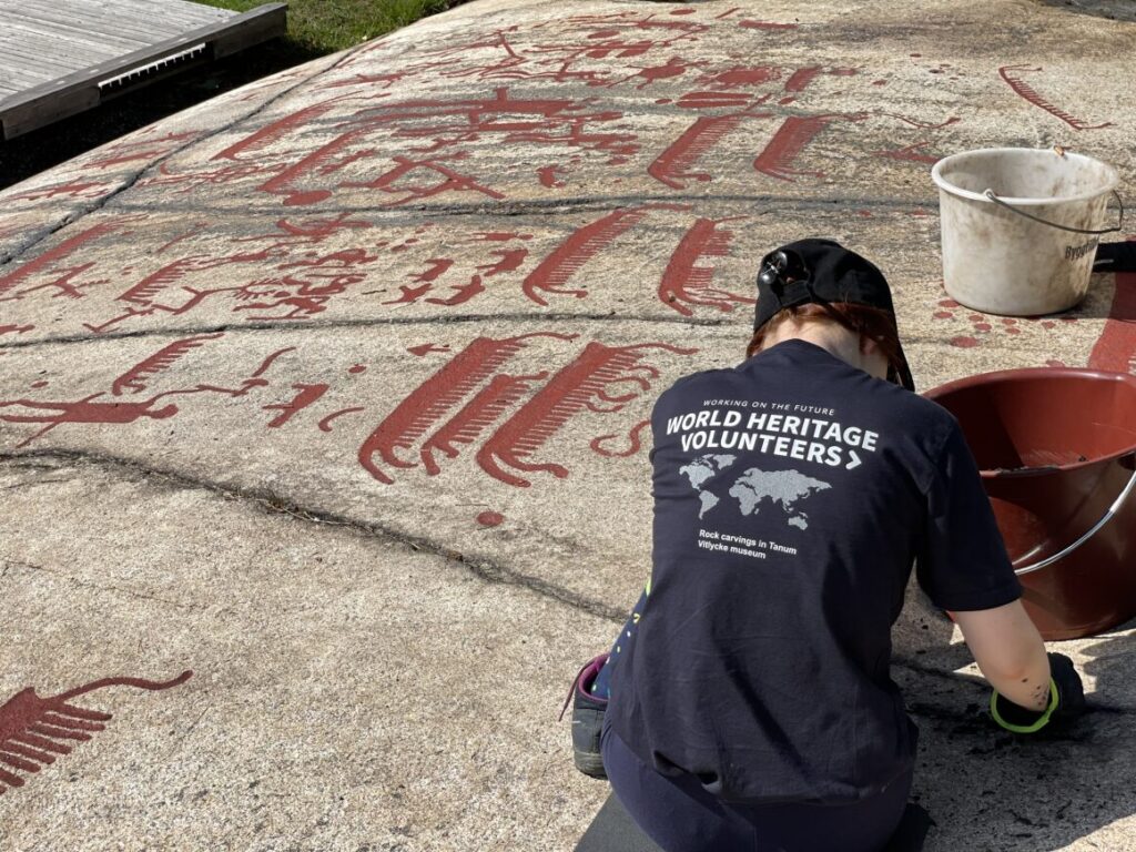 En person sitter hukad över en häll med rödmålade ristningar. Personen har en t-shirt med testen "World heritage volunteers", som talar om att det är en frivilligarbetare. Ser ut att peta bort smuts ur en skåra.