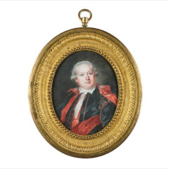 Litet porträtt med guldram av en man med svartröd mantel och vit skjortkrage som sticker upp i halsen.