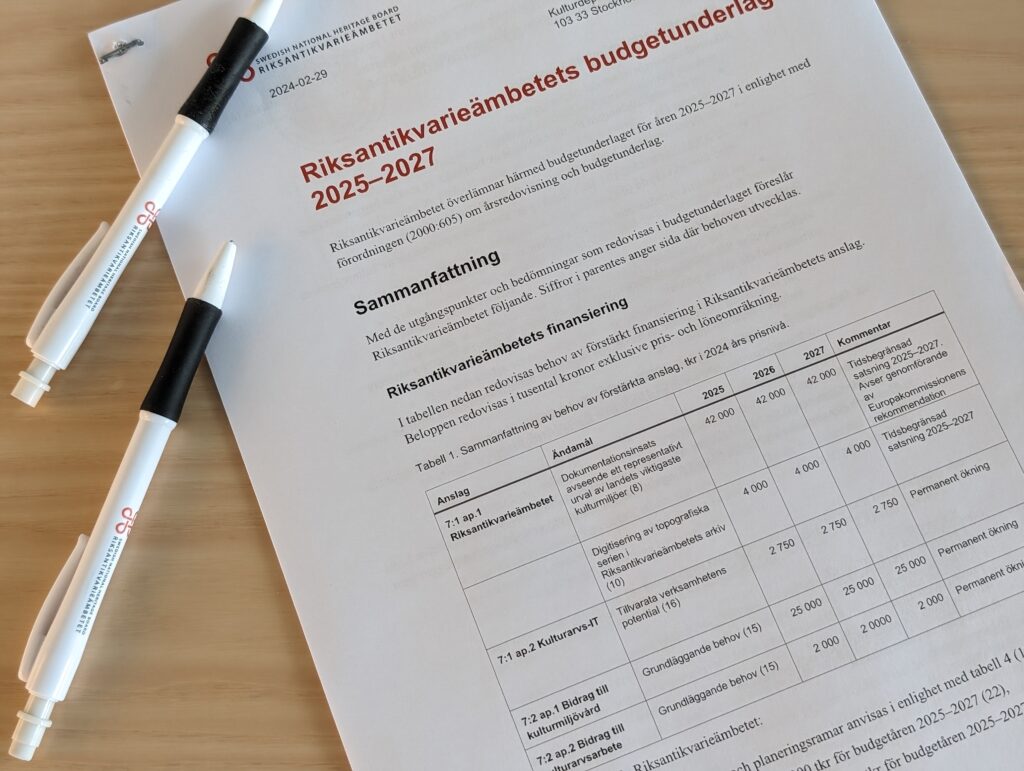 En bild på myndighetens budgetunderlag 2025-2027 på ett bord med pennor bredvid.