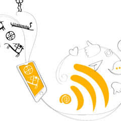 En illustration i vitt, gult och svart med hällristningsfigurer, mobiltelefon och sociala mediekoner.