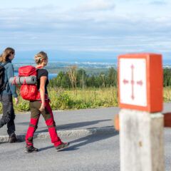 Två personer ses bakifrån gåendes på en väg. De bär friluftskläder och stora ryggsäckar på ryggen. i bakgrunden skymtar man havet.