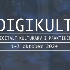 Temabild med vit text på lila-blå bakgrund, text/logotyp för Digikult 2024