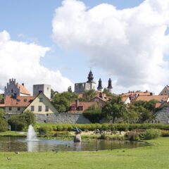 Vy över grönområden med liten sjö i mitten och i bakgrunden tittat husgavlar upp över ringmuren.