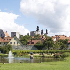 Vy över grönområden med liten sjö i mitten och i bakgrunden tittat husgavlar upp över ringmuren.