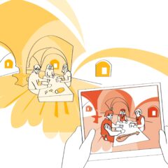 Ett par händer håller i en digital skärm som visar tre personer med medeltida kläder vid ett bord.