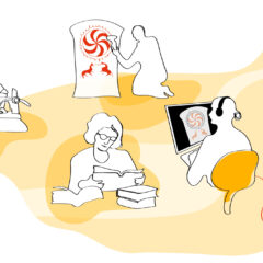 En illustration med vit bakgrund och gul färgskala. Fyra tecknade individer gör olika handlingar: tittar i mikroskåp, citter vid dataskärm, vårdar en bildsten.