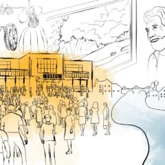 Svarta smala tuschstreck av en gul museibyggnad i mitten, dit människor strömmar., bredvid rinner en ljusblå flod. Runtom byggnaen är tecknade streck av en staty, en midsommarstång, runstenar och ansikte på en kvinna och en man.