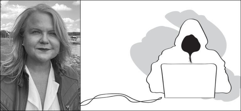 Bildkollage med en porträttbild på kvinna samt en illustration med en person som dolt ansiktet och sitter bakom en dator