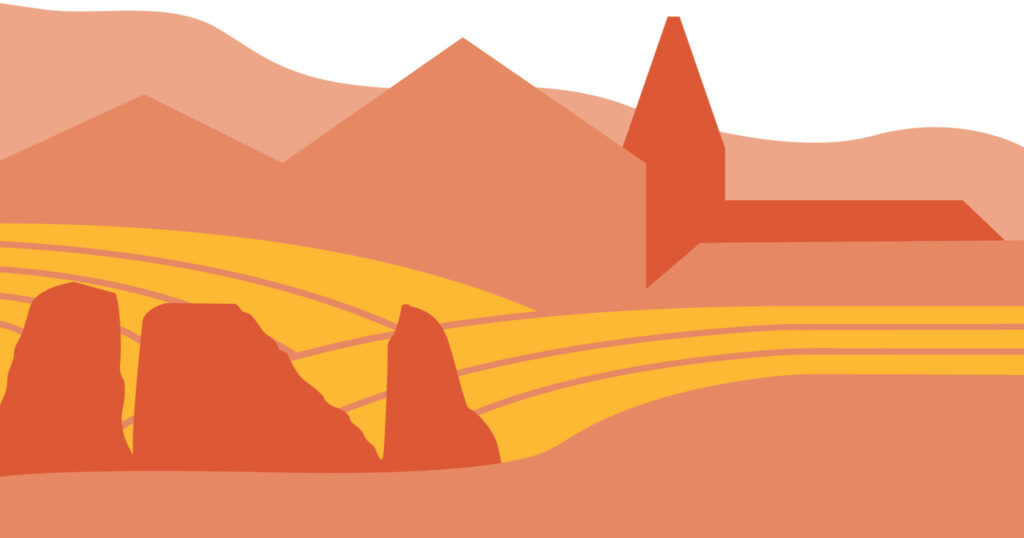 Ett stiliserat landskap med byggnader, åkrar och fält i Riksantikvarieämbetets profilfärger med nyanser av rött och gult.