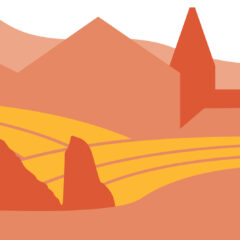 Ett stiliserat landskap med byggnader, åkrar och fält i Riksantikvarieämbetets profilfärger med nyanser av rött och gult.