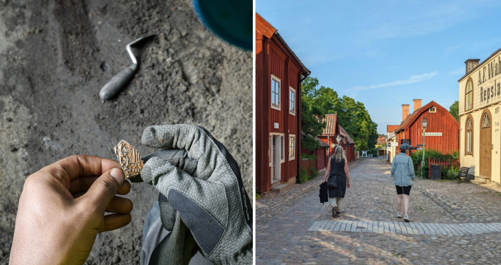 Tvådelad bild. T.v. två händer håller i en rikt dekorerad krukskärva just upptagen ur jorden. T.h. två kvinnor strövar på en kullerstensgata med gamla trähus.