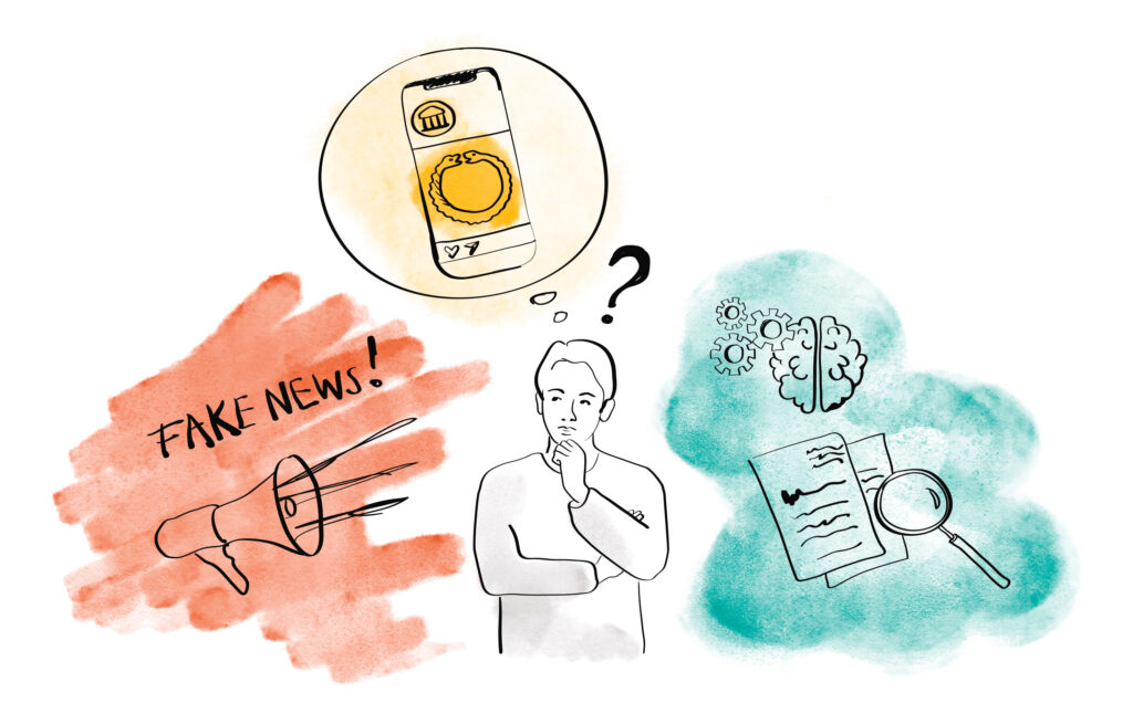 Illustration av en person som står omvgiven av en megafon med texten "Fake news", samt andra ikoner och figurer i form av dokument, förstoringsglas, hjärna, mobiltelefon.