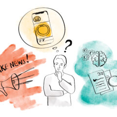 Illustration av en person som står omvgiven av en megafon med texten "Fake news", samt andra ikoner och figurer i form av dokument, förstoringsglas, hjärna, mobiltelefon.