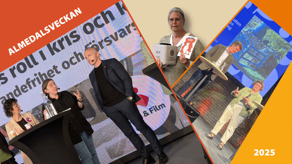Bilden är ett collage av tre olika scener från evenemanget "ALMEDALSVECKAN." Den första scenen visar tre personer som står på en scen med en stor skärm bakom sig som visar text. Den andra scenen visar en person som håller upp en folder. Den tredje scenen visar två personer på en scen, en står och talar medan den andra sitter vid ett bord med en mikrofon. Bilderna är vinklade mot varandra.