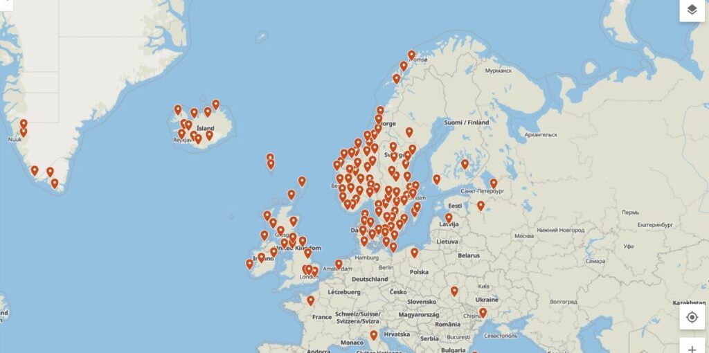 Kartvy över Sverige och delar av Europa med utsatta "kartnålar".