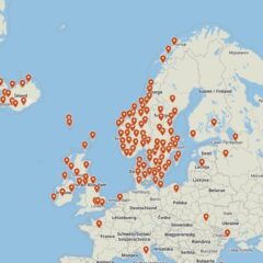 Kartvy över Sverige och delar av Europa med utsatta "kartnålar".