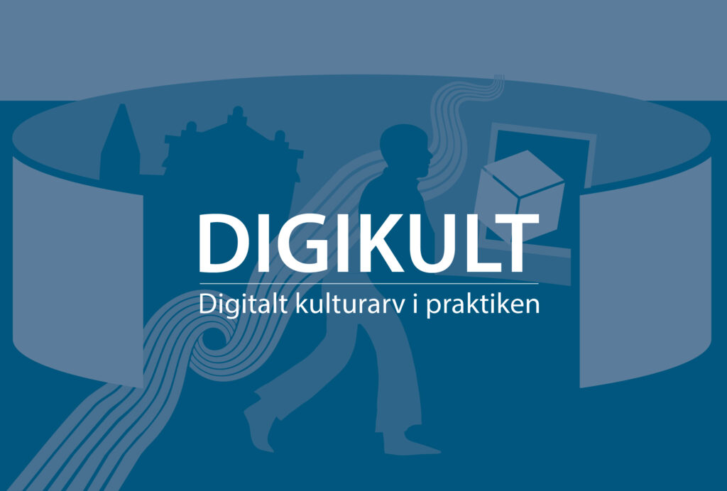 Bilden visar en stiliserad grafik med texten "DIGIKULT" och "Digitalt kulturarv i praktiken" i mitten. Bakgrunden har silhuetter av en person som går, en byggnad och en kub inuti en ram, alla i olika nyanser av blått. Våglinjer sträcker sig från vänster sida mot mitten.