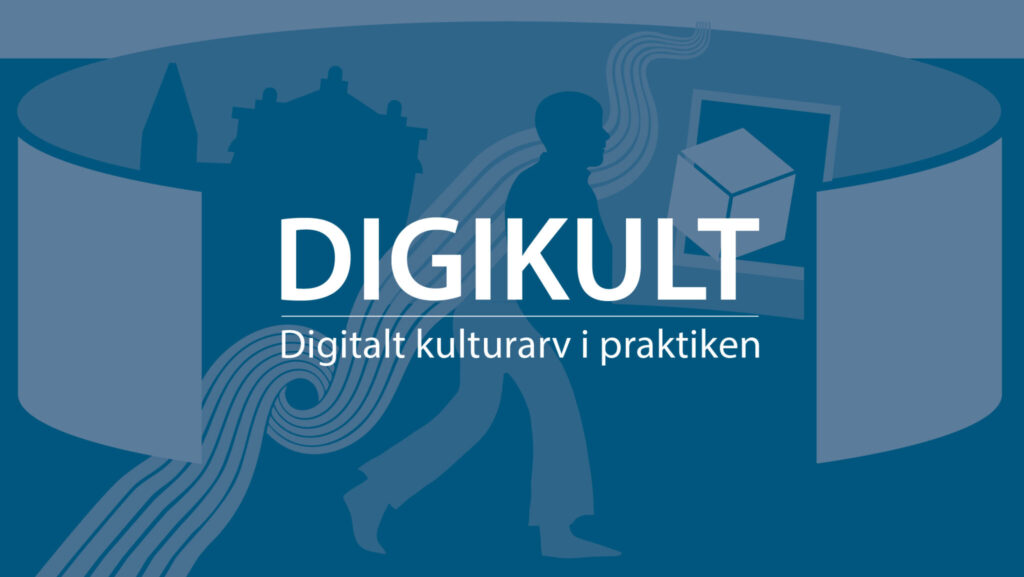 Bilden visar en stiliserad grafik med texten "DIGIKULT" och "Digitalt kulturarv i praktiken" i mitten. Bakgrunden har silhuetter av en person som går, en byggnad och en kub inuti en ram, alla i olika nyanser av blått. Våglinjer sträcker sig från vänster sida mot mitten.
